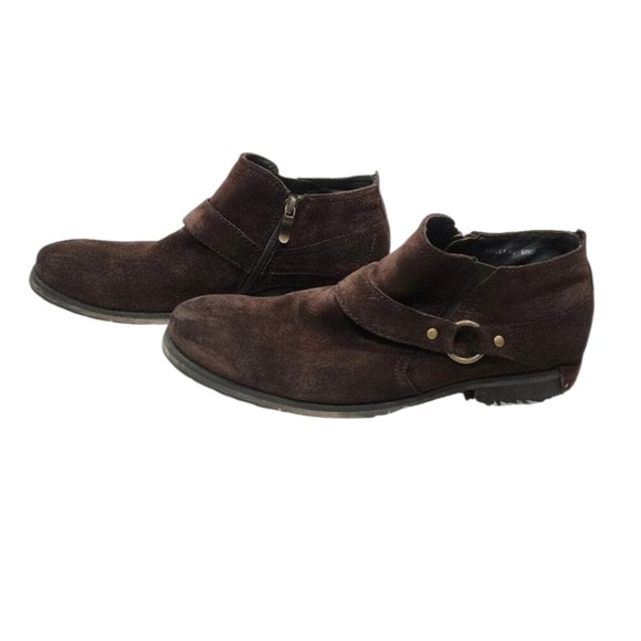 Donald Pliner Suede Leather Ankle Boots Brown Harness Buckle Moto Biker Style 8 - Picture 1 of 12